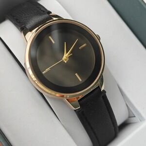 Amazon Essentials Womens Gold Tone Black Vegan Leather Strap Watch Round Face